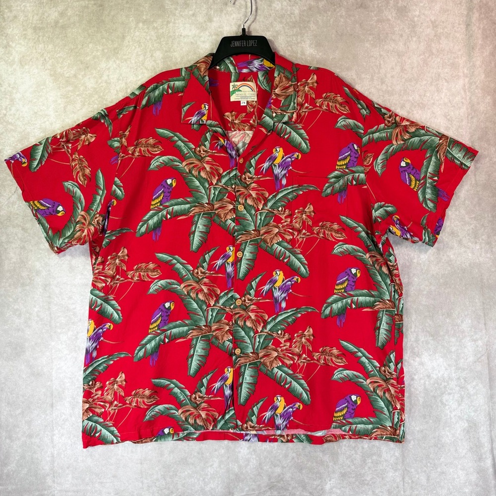 Paradise Found Vintage Jungle Bird Hawaiian Shirt 2X Red Rayon Magnum PI Parrot